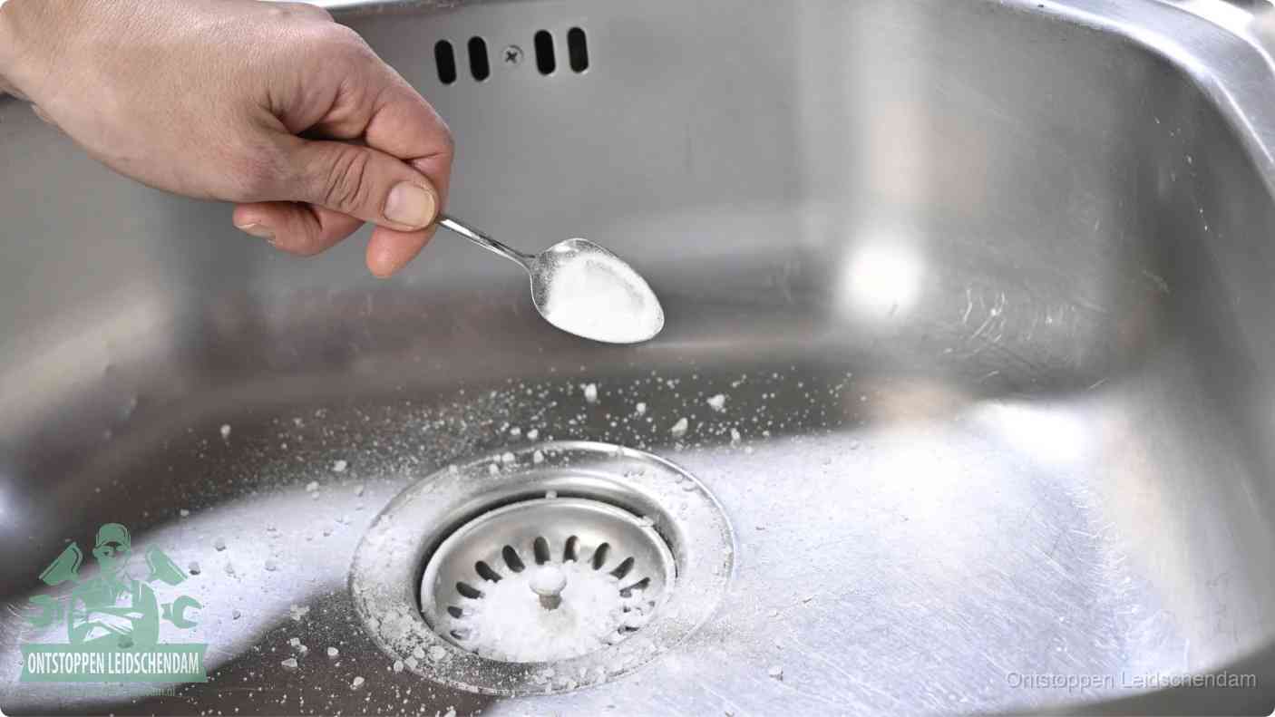 Een hand strooit soda in de afvoer van een roestvrijstalen spoelbak, zelf je gootsteen ontstoppen met soda en azijn in Leidschendam